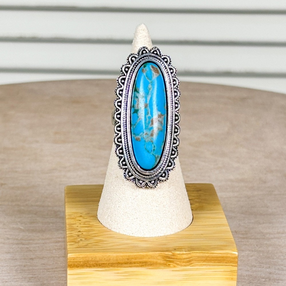Vintage Boho Blue‎ Turquoise Silver Tone Statement Ring Scalloped Oval Size 6.5